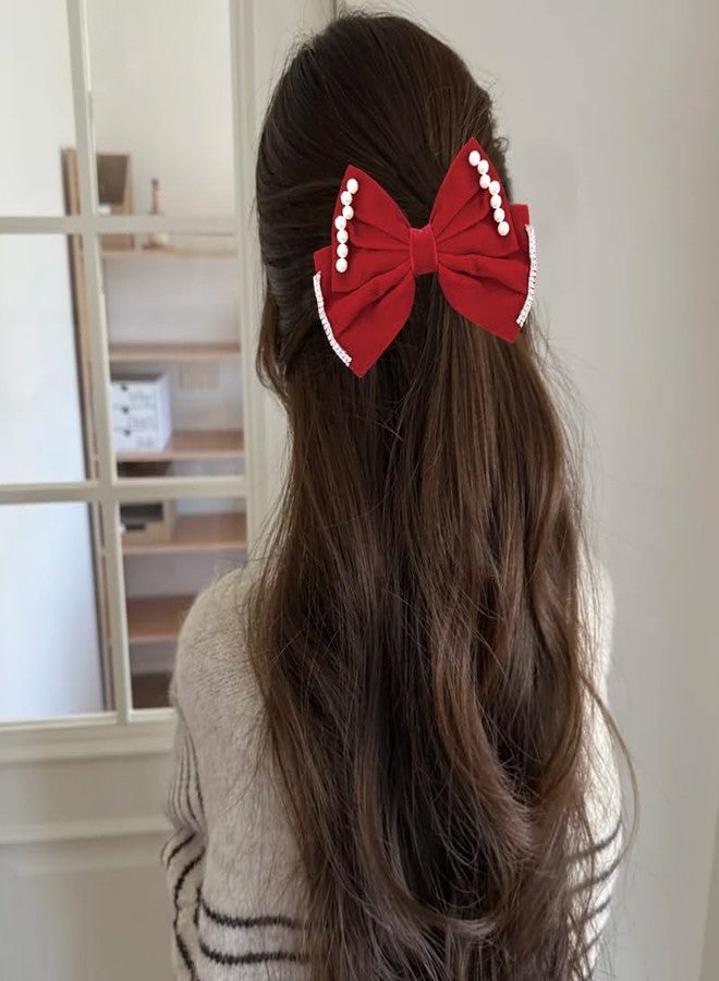 Sdopbinbin Red Christmas Bow Hair Clips Barrettes for Women Girls Pearl Bow Hair Accessories for Girls Large Red Bowknot Hair Clip Xmas Christmas Hair Accessories for Women French Elegant Hair Clip Pin - Image 3